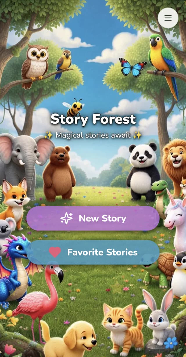 Story Forest home screen: a forest full of cartoon animals with New Story and Favorite Stories buttons