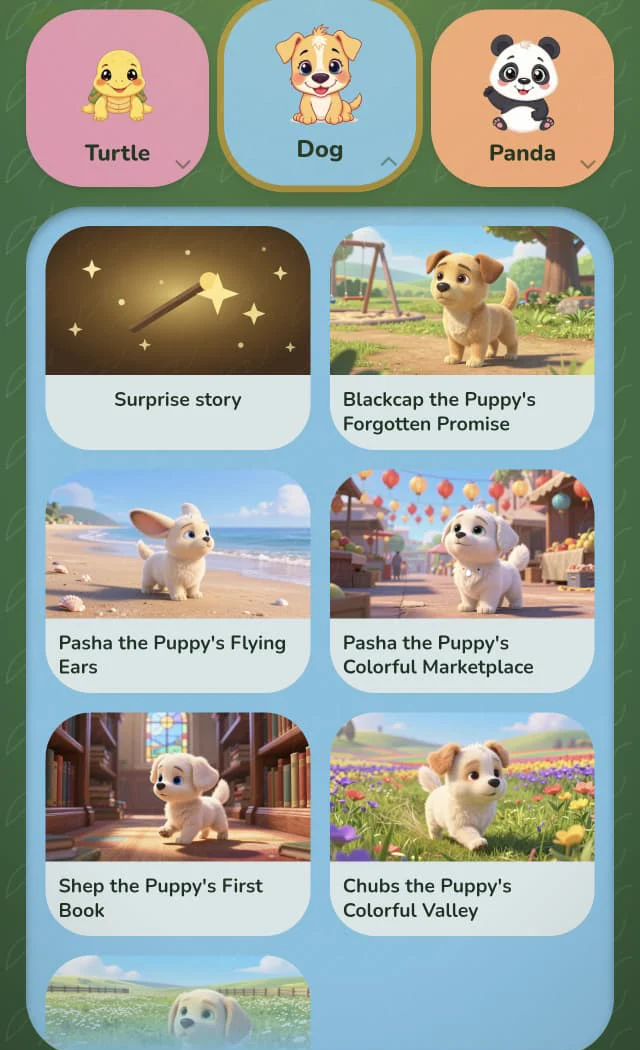 The animal shelf: tiles for Turtle, Dog and Panda, with the Dog shelf open showing a Surprise story and puppy stories